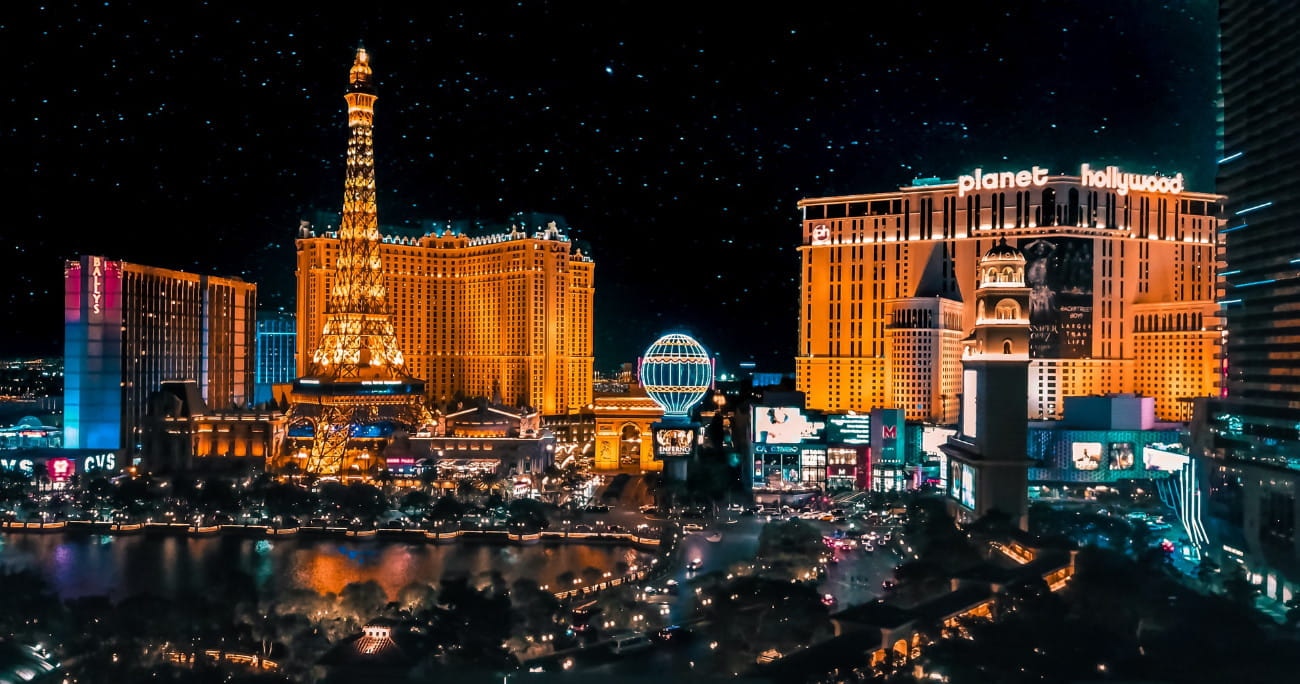 a wide-angle view of Las Vegas at night