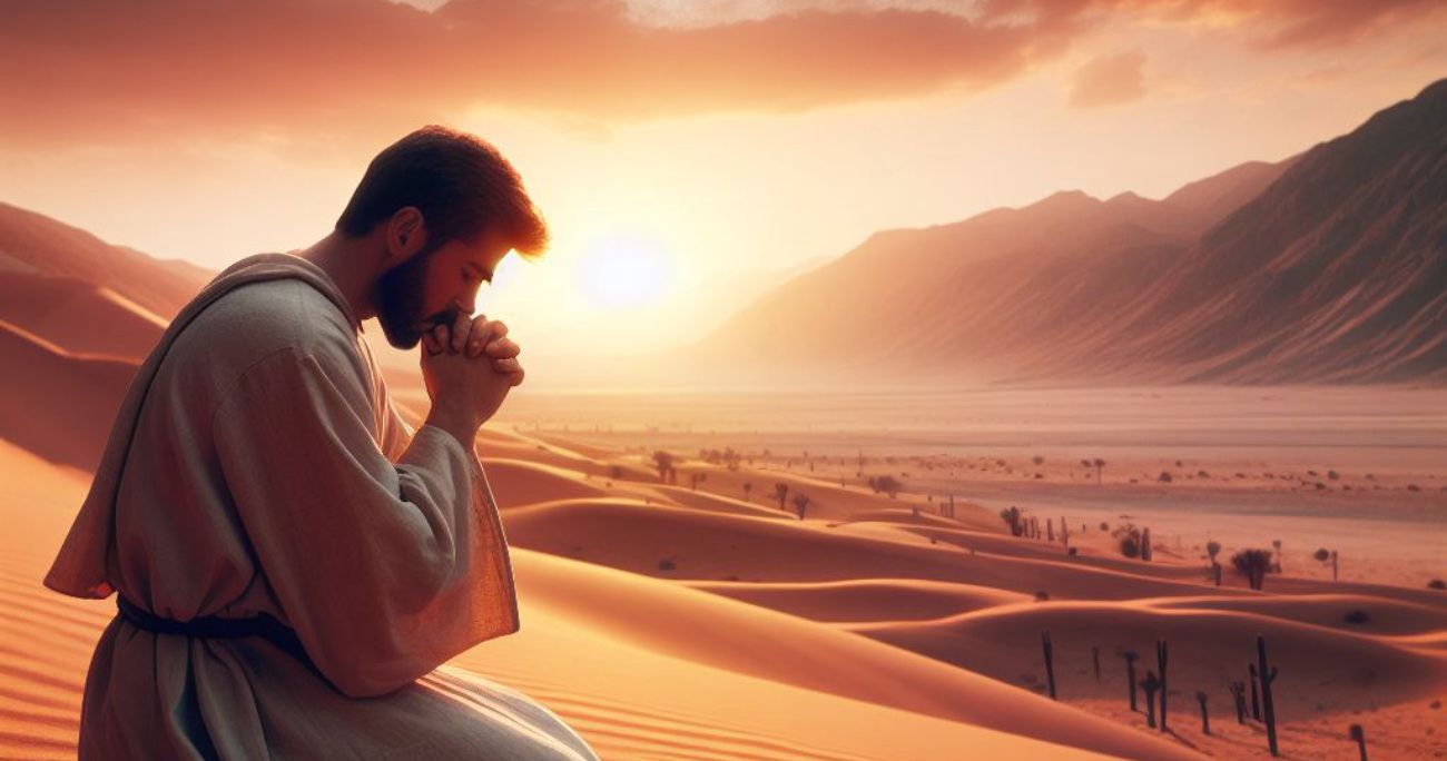 A man kneeling and praying in the desert
